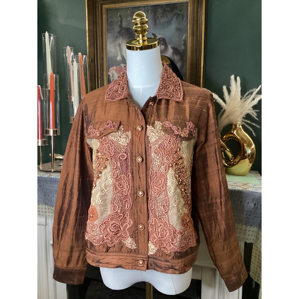 Coldwater Creek Silk Blend Lace Embellished Jacket Brown Copper Petite Small PS